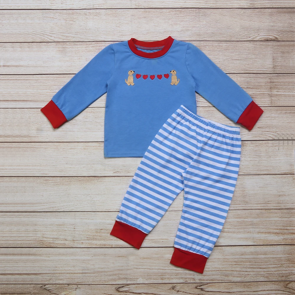 

Autumn Clothes Blue Long Sleeve Top And Blue Striped Trousers Valentine's Day Dog Pulls Love Heart Embroidery Boys Clothes