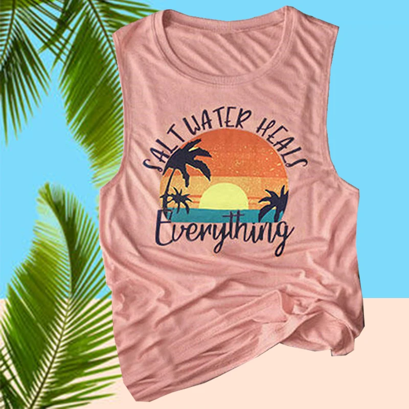Соленая вода заживляет все Письмо печати Женская майка милые пляжные футболки с
