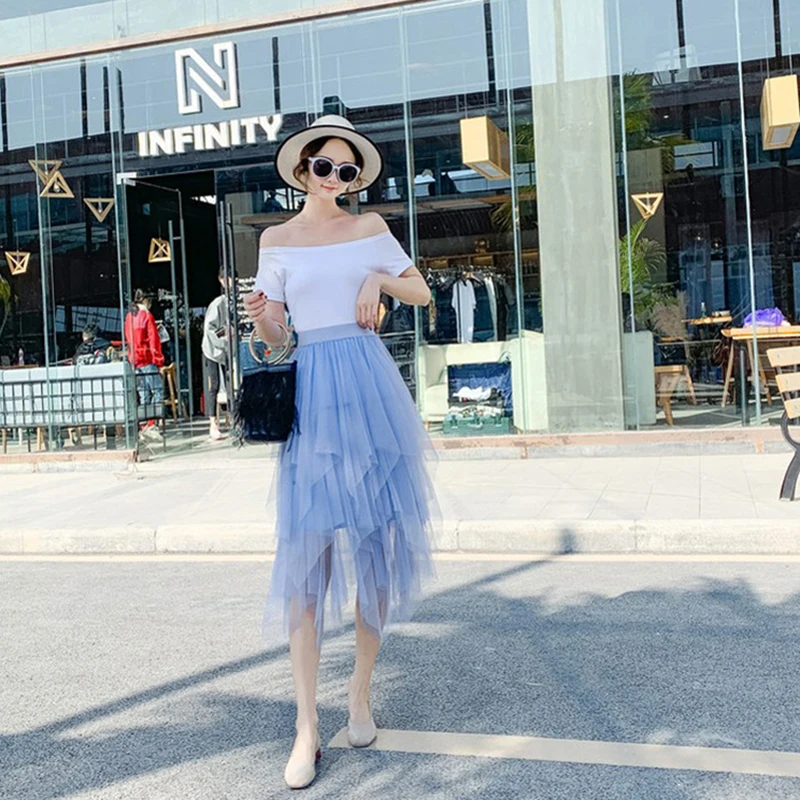 Женская сетчатая юбка средней длины приталенная трапециевидная с высокой талией