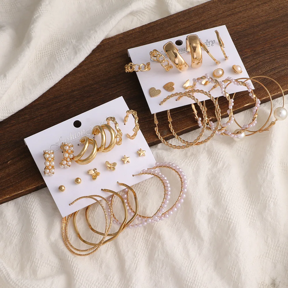 Европейский и американский золотые ювелирные изделия с геометрическими серьгами комплект из 9 предметов Новый Ретро жемчужный набор с Стра...