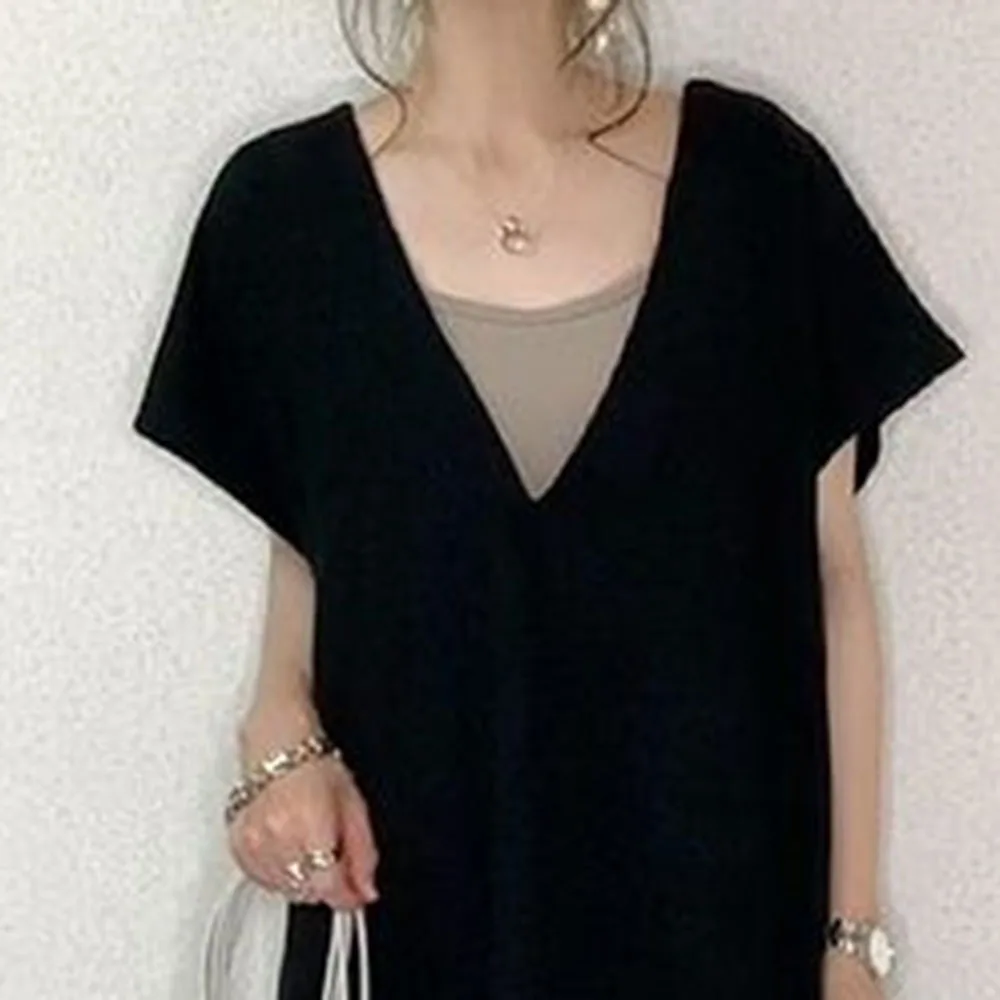 

Korean Style Women Dress 2021 Mid-Calf A-Line Pullover Minimalist Short Sleeve Black Loose New Style Summer Casual Dresses