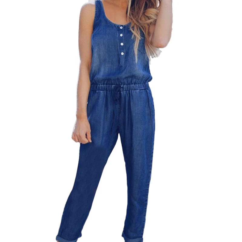Женский джинсовый комбинезон свободный без рукавов с эластичной резинкой на