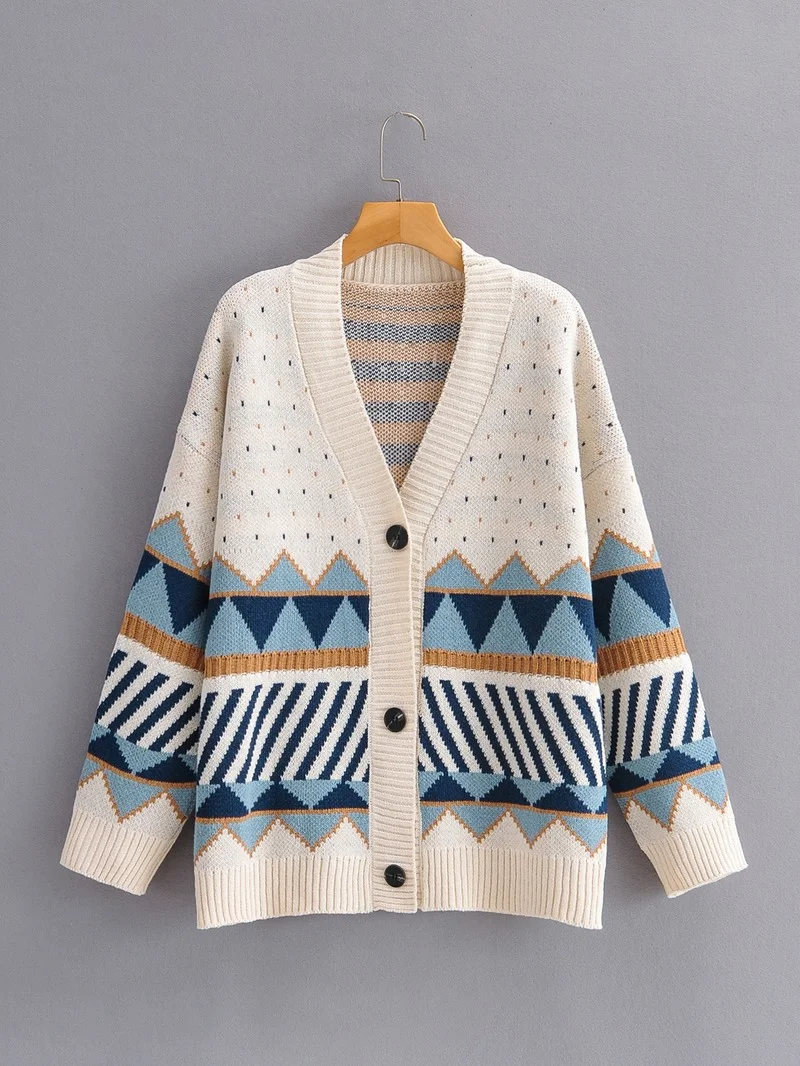 

Женский жаккардовый свитер, повседневный однобортный свободный жаккардовый свитер с V-образным вырезом, в японском и корейском стиле, весна...