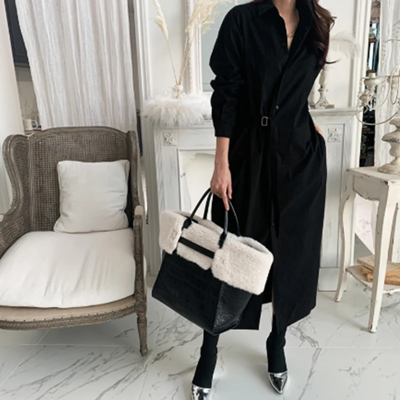 

2021 early spring belt shirt V-neck elegant retro dress