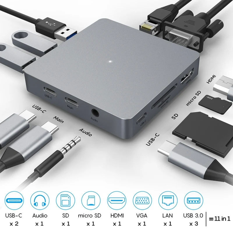 11в1 Type C концентратор USB к HDMI VGA Lan US1 3 0 порты SD/TF кардридер доставка питания для