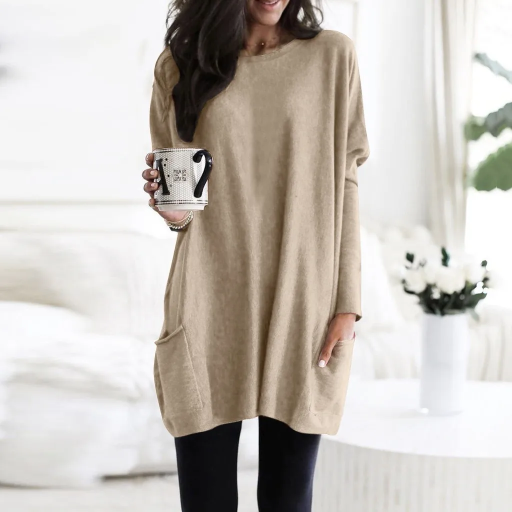 

Осень 2021, женские рубашки, однотонная теплая толстовка с длинным рукавом, Свободный Повседневный пуловер с карманами, топы большого размера...