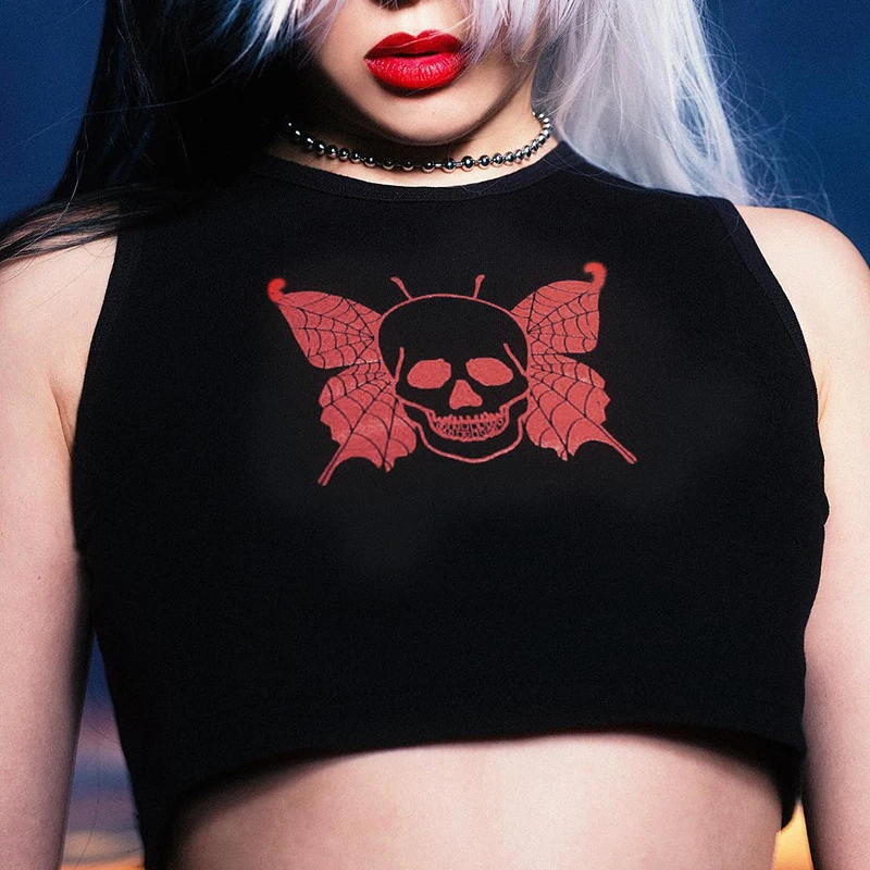 

Harajuku Skull Print Black Tanks Gothic Grunge Bodycon O Neck Tank Tops Streetwear Punk Chic Women Basic Cropped Tops