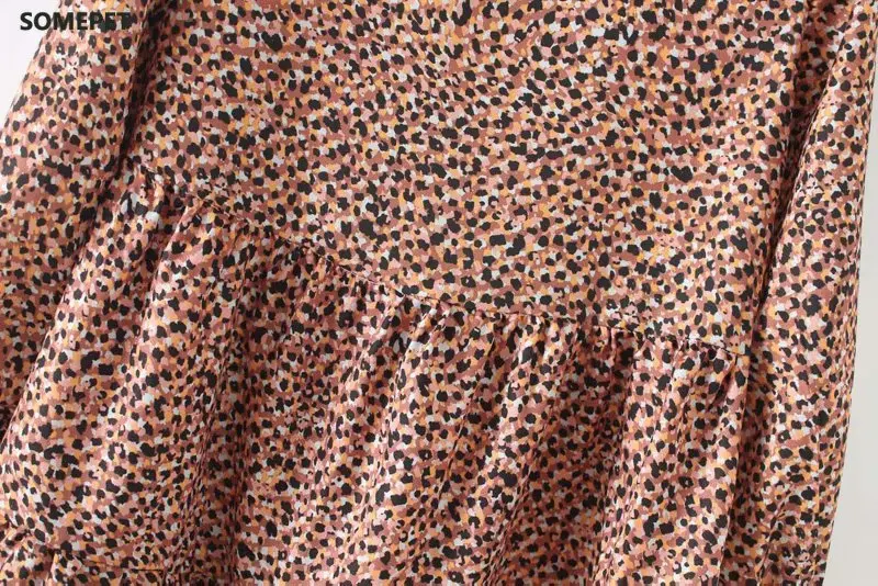 

Women vintage pleated ruffles leopard print mini dress female o neck long sleeve casual vestidos chic sweet dresses