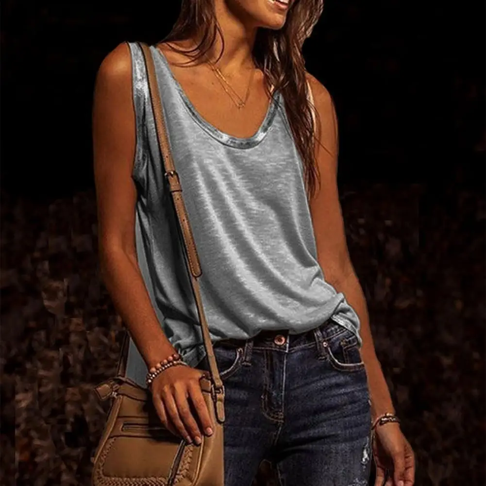 Модные однотонные Цвет Топ без рукавов и Свободная блузка для женщин с круглым