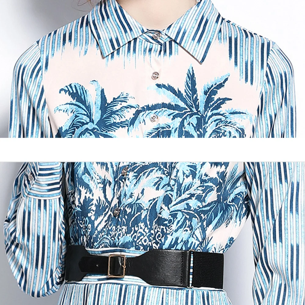 

2021 Summer Runway Shirt Dress Women Long Sleeve Turn Down Collar Button Down Vintage Pattern Print PU Belt Midi Dress N68965
