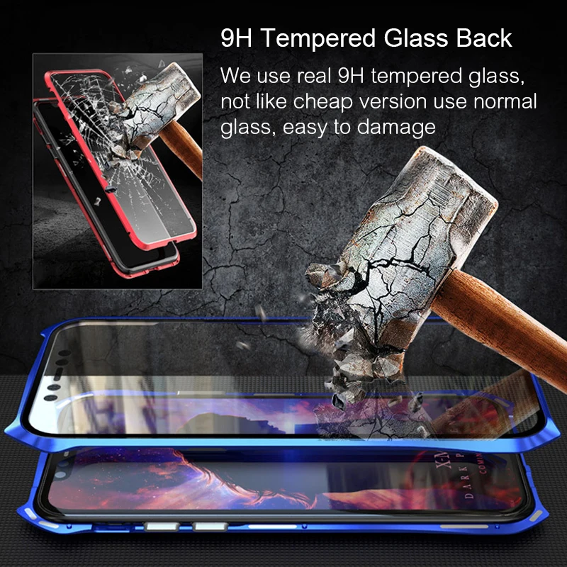 Двухсторонний задний+ передний стеклянный Магнитный чехол для Apple iPhone 11 Pro Max Роскошный Алюминиевый металлический бампер 360 Защитный чехол с петлей