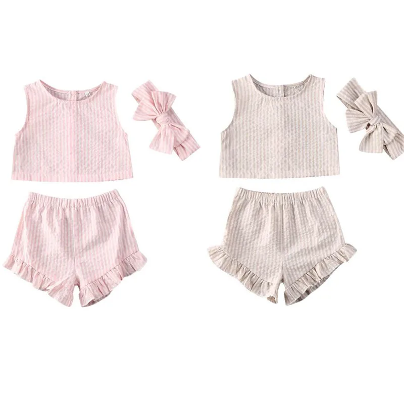 

Newborn Baby Girls 3PCS Sunsuits Lovely Kids Sleeveless Button Top Vest Short Pants Striped Summer Clothes Outfit Infant Girl