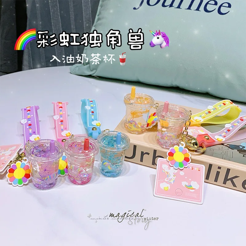 Creative Cartoon Rainbow Unicorn Charm Keychain   Cute Slick Quicksand Keychain    Ladies Fashion Backpack Mobile Phone Keychain