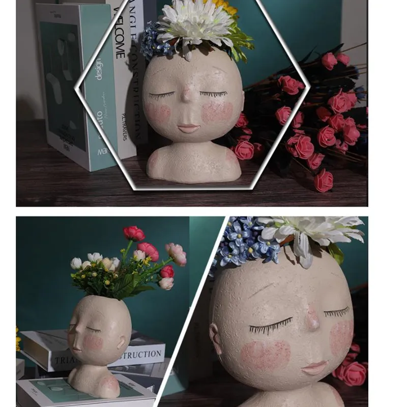 

Nordic Human Head Vase Flower Pot Doll Shape Sculpture Resin Portrait Flower Pot Art Vase Home Decor Succulents Head Shape Vase