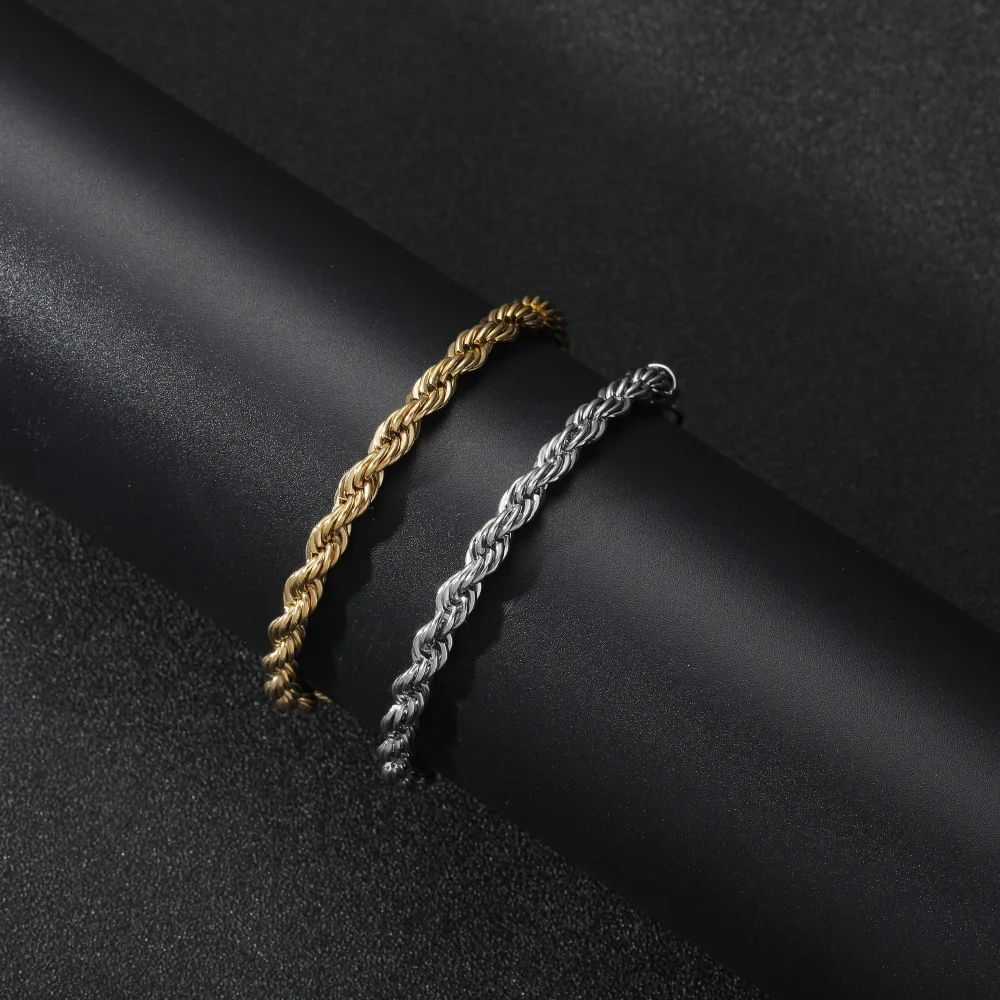 5/3mm Rope Bracelets Mens Stainless Steel Gold Color Chain On Hand Fashion Hip Hop Twist Chain Bracelet For Male Wholesale 7inch 5/3mm Rope Bracelets Mens Stainless Steel Gold Color Chain On Hand Fashion Hip Hop Twist Chain Bracelet For Male Wholesale 7inch