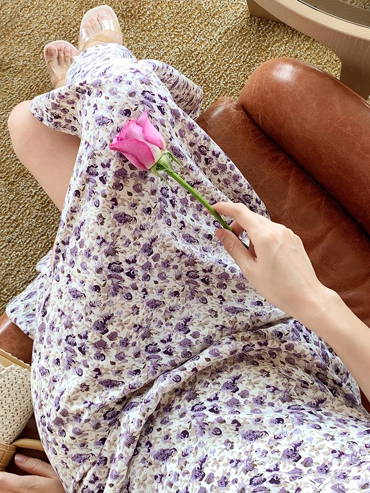 

Purple Chiffon Summer Woman Midi Dress Seaside Beach Elegant A-line Slim Waist Korean Vintage Party Square Collar Boho Vestidos