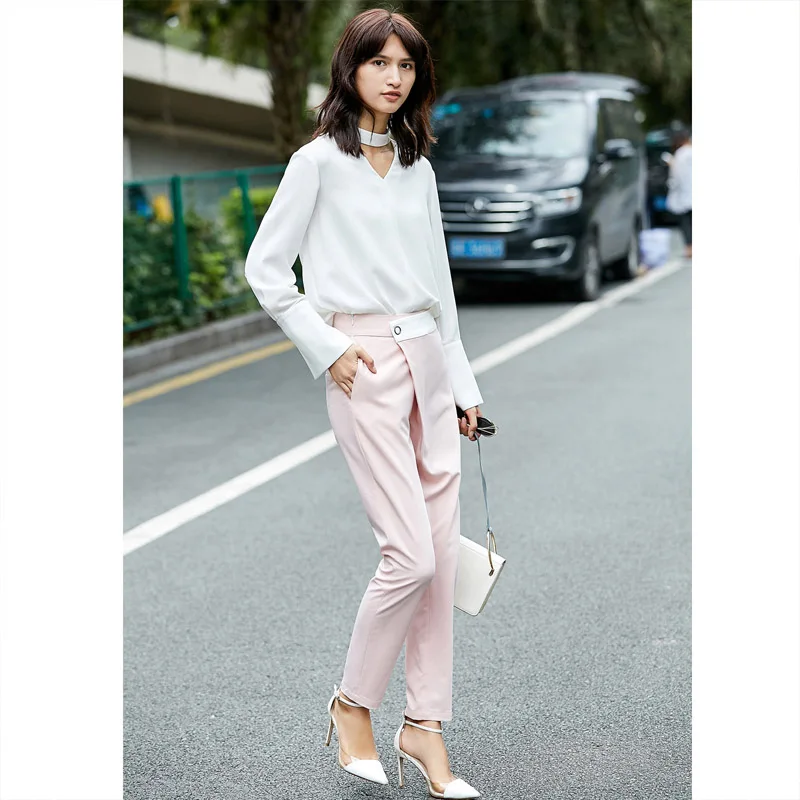 Amii женские офисные брюки с высокой талией элегантные однотонные длинные в стиле