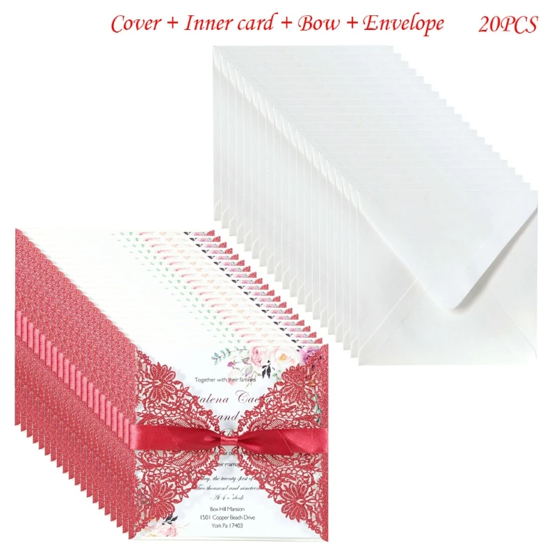 

20pcs Glitter Hollow Wedding Invitations Cards with Envelopes Ribbon Bridal Shower Party Supplies