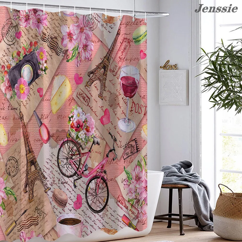 

Paris Scenery Eiffel Tower Pattern Shower Curtain Pink Cherry Blossom Bath Curtain Waterproof Polyester Bathroom Shower Curtain