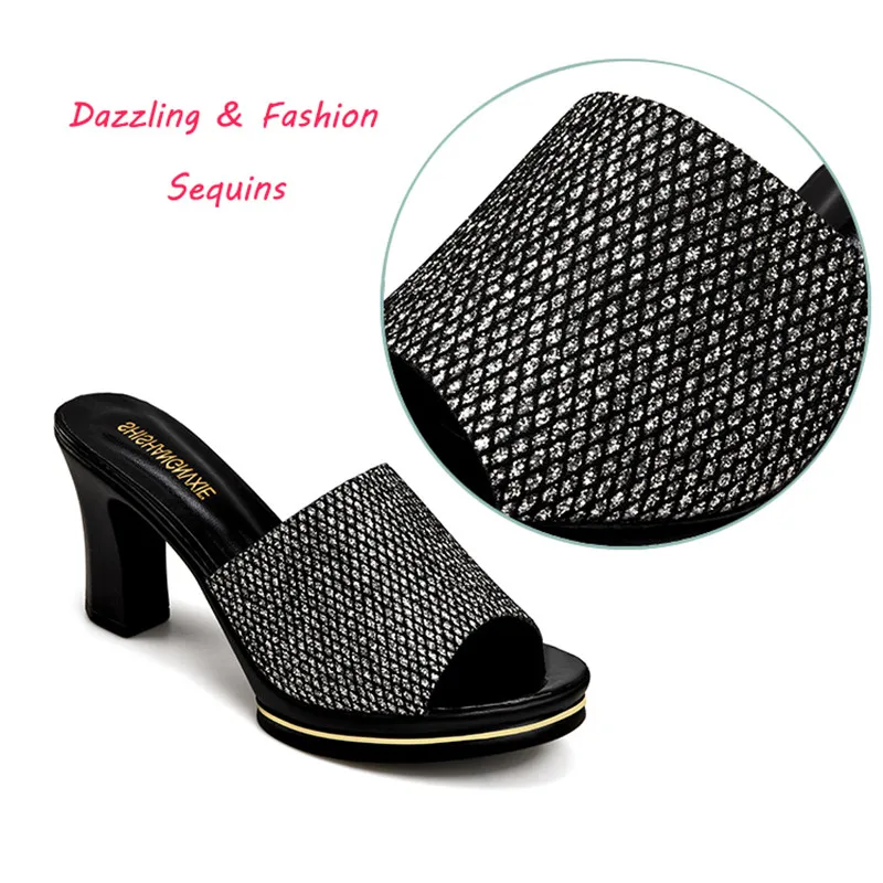 

New Summer Sandals Women Sexy Sequins High Heels 7CM Bling Slip On Shoes Woman Party Club Dress Shoes Slippers Sandals Mujer