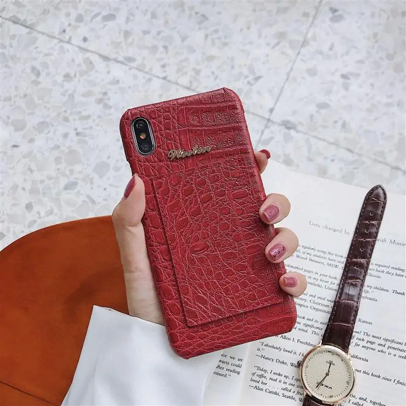 Red Чехол из натуральной крокодиловой змеиной кожи, PU кожаный чехол для iPhone 11 Pro Max XS 6s 6 7 8 Plus X XR, чехол для карт, держатель, жесткая задняя крышка - Цвет: Red