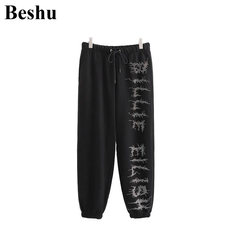 

za 2019 fashion pant women black terry cotton lacing high waist rhinestone casual pant elastic bottom loose stylish chic trouser
