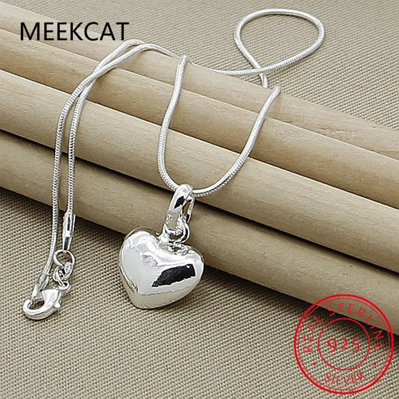 

MEEKCAT 925 Sterling Silver Necklace 18 Inch Snake Chain Fine Jewelry Heart Pendant Necklace For Women Girl Lady Gifts