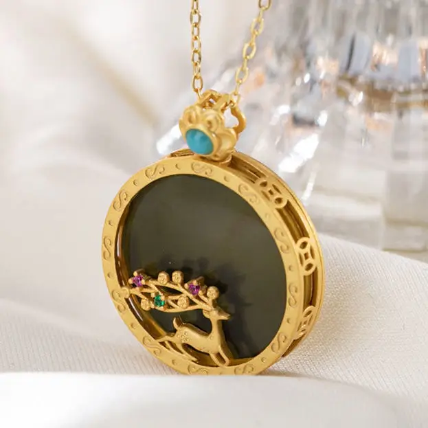 

2021 hot new style Natural Hetian JadeGold-Plated Mexican Blue Amber Pendant Elk Personality Deer Sweater Chain Ornament