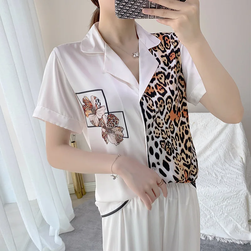

Print Flower Sleepwear Women Satin Pajamas Set Lounge Wear Casual Nightwear 2PCS Shirt&Pants 2021 New Pyjamas Home Clothes
