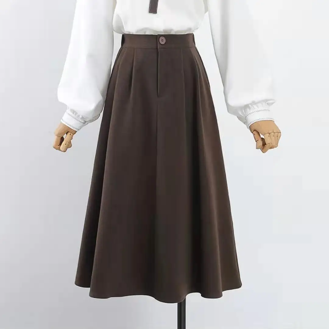 

Fairyshely Vintage High Waist Black Skirt Women 2021 Autumn Midi Skirt Korean Plus Size Pocket Cotton A-line Skirt