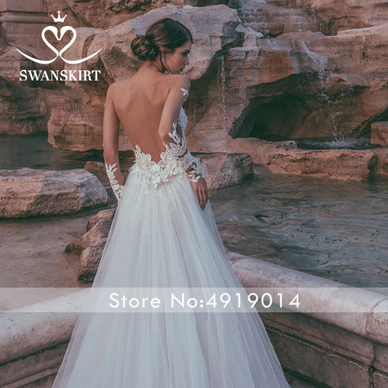 Vintage Sweetheart Wedding Dress Swanskirt Appliques A-Line Long Sleeve Chapel Train Bride Princess robe de mariee H123