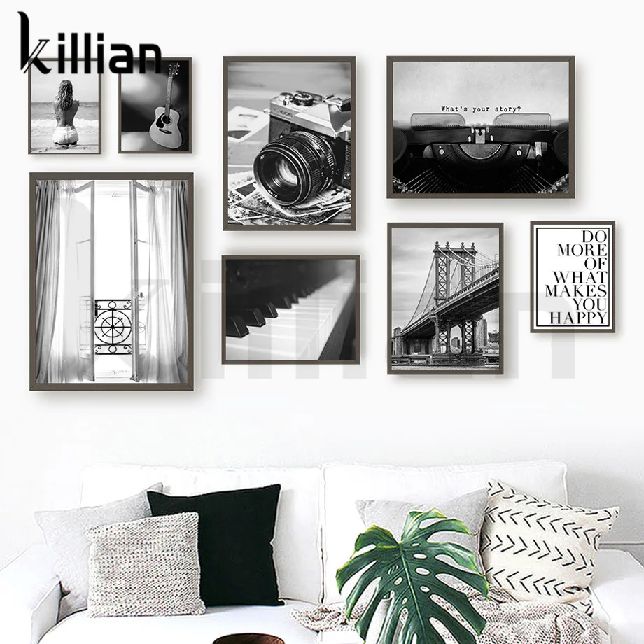 

Poster Black and White Camera Guitar Piano Musical Instrument Bridge Wall Art Canvas Painting Retro Prints Pictures Home Decor