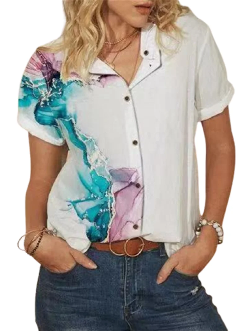 

Модные 3D цифровой печати белая летняя футболка для женщин со стоячим воротником футболка с короткими рукавами и пуговицами для детей; Блузк...