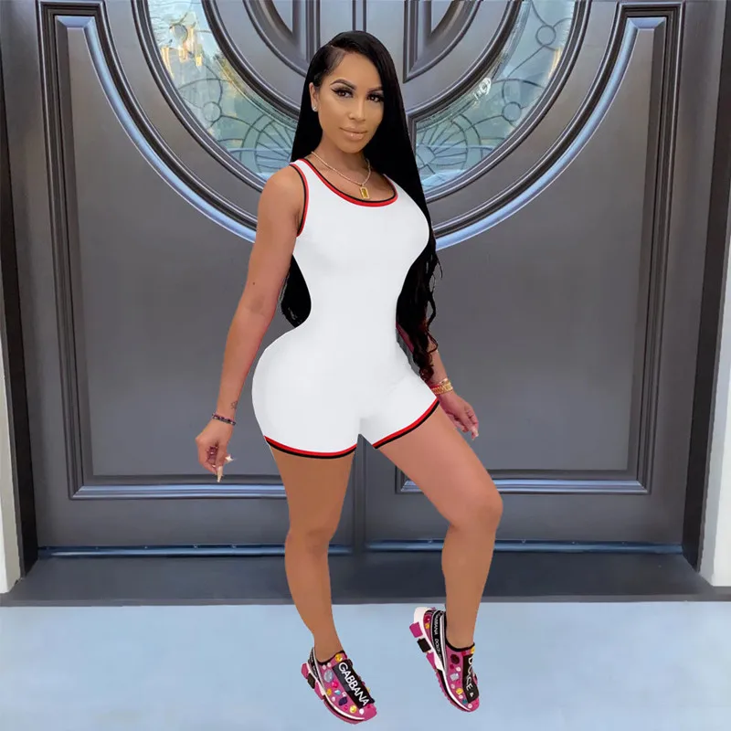 Activewear Color Match Patchwork Short Playsuits Women Sexy Low Neck Sleeveless One Piece 2021 Workout Sporty Skinny Rompers New