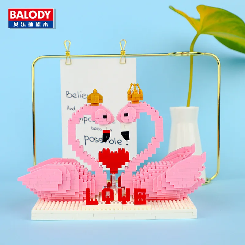 

830PCS Pink Flamingo Swan Diamond Particle Building Block Puzzle Assembled Block Valentine's Day Gift Girl Cartoon Toy