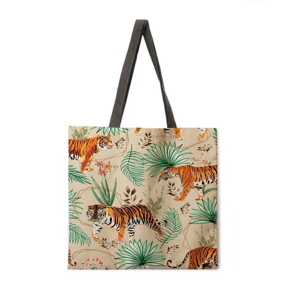 

Beauty and Tiger Printed Tote Bag Linen Fabric Bag Casual Folding Shopping Bag Outdoor Beach Bag Daily Handbag