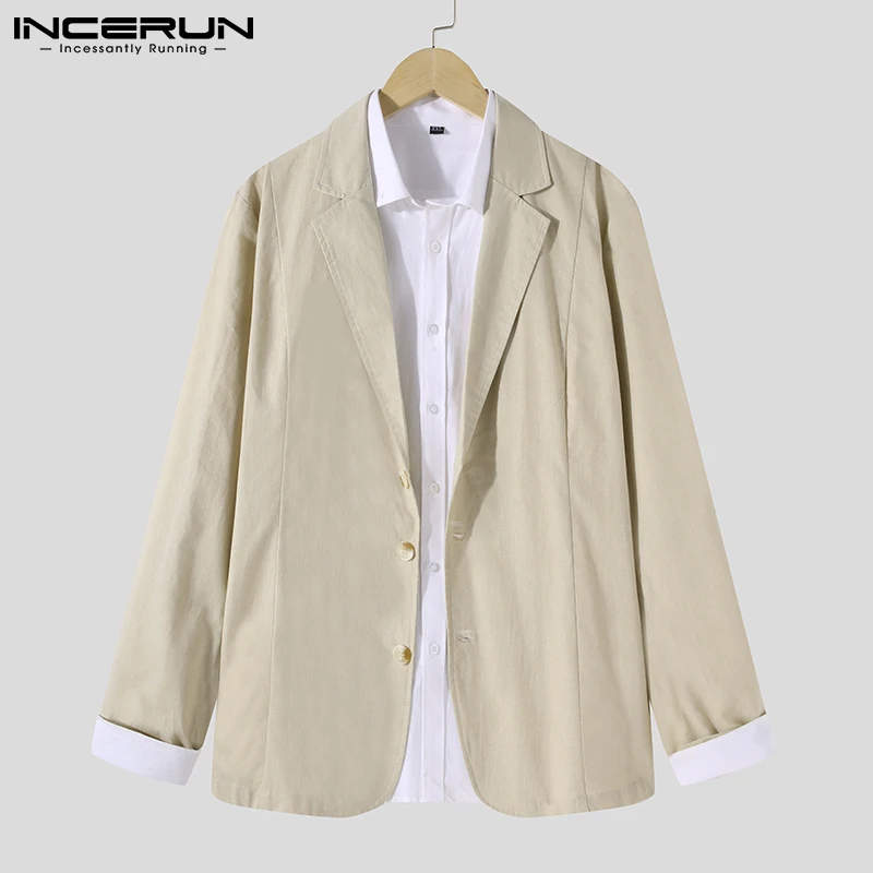 

Винтажный Мужской Блейзер INCERUN, хлопковые тонкие пальто, однотонная уличная одежда 2022, повседневные костюмы, мужские осенние повседневные к...