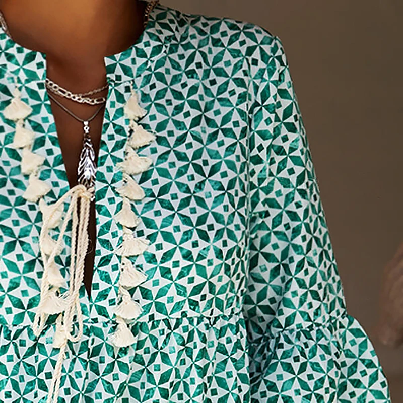 

Women Printed V-Neck Dress Bust Front Tie Three Quarter Sleeves Tassel Loose Vacation Casual Boho Dress Female Vestidos 2021 New