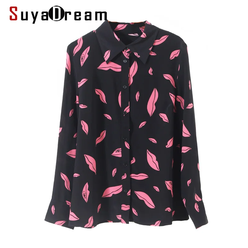 

SuyaDream Женская офисная блузка из 100% шелка, с длинными рукавами и принтом губ, с отложным воротником и пуговицами, весна 2020