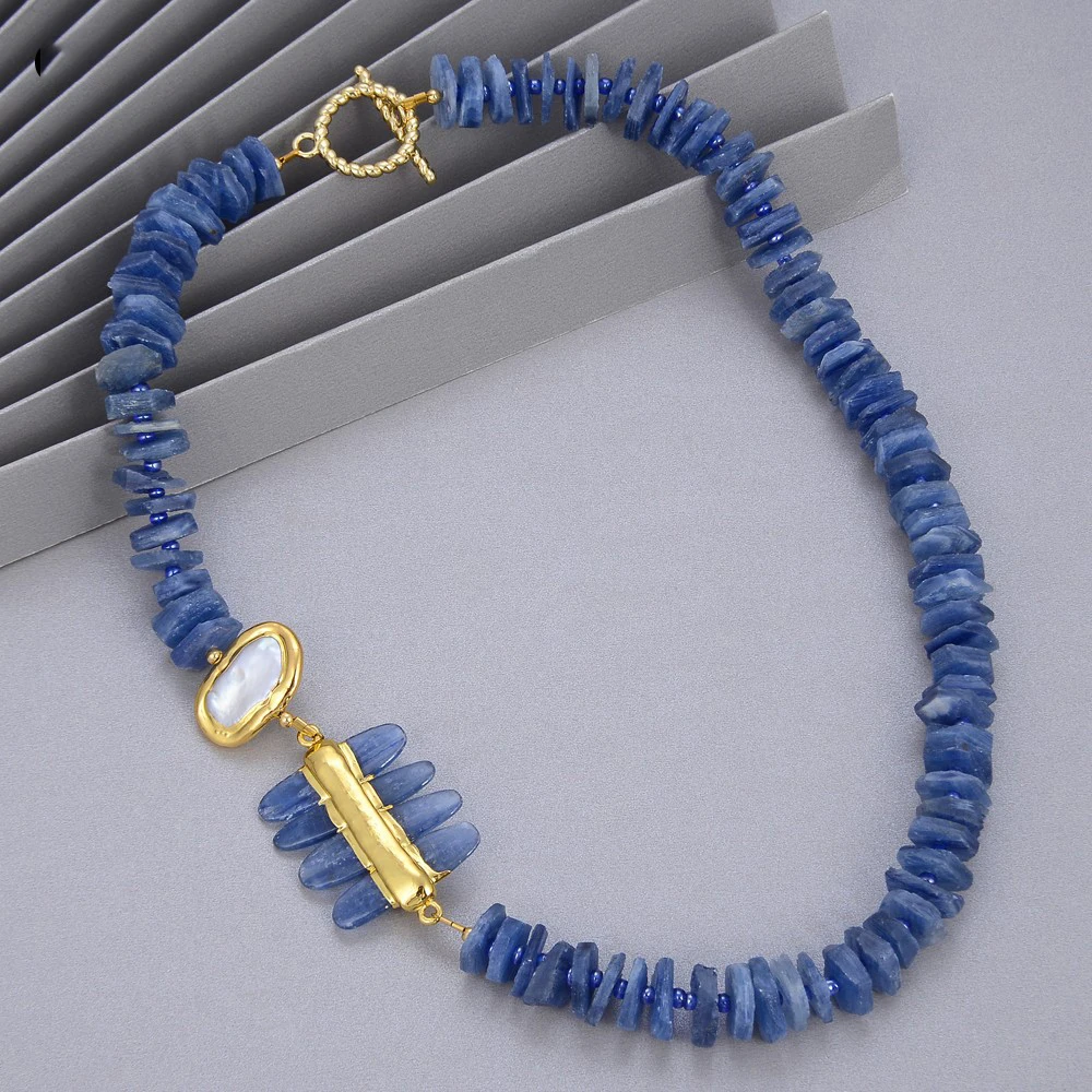 

Natural 21" Natural Blue Kyanite Rough Beads Gold Color Plated White Biwa Pearl Choker Necklace For Women