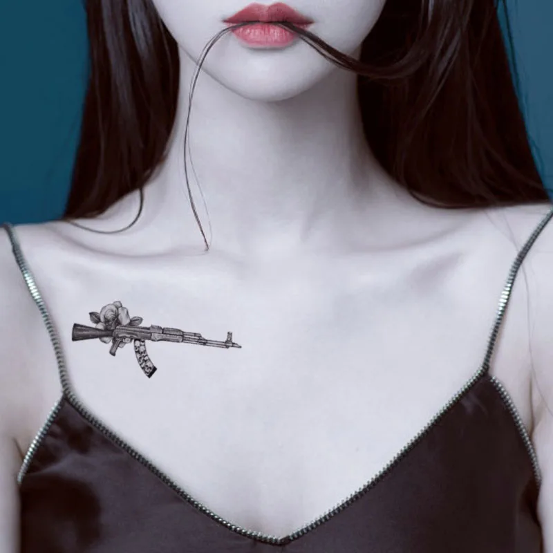 

Black Pattern Chest Neck Arm Temporary Tattoo Sticker Gun Rose Flower Waterproof Tatto Skull Totem Body Art Fake Tatoo Men Women
