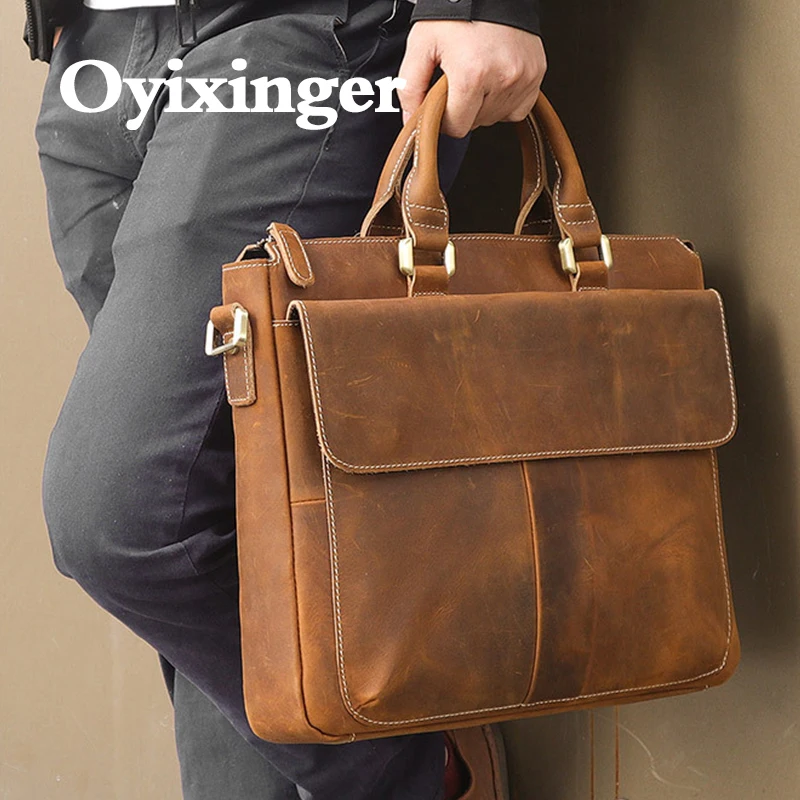 OYIXINGER Retro Leather Men's Business Briefcase For 14inch Laptop Vintage Computer Bag New Male Cowhide Messenger Bag Handbag