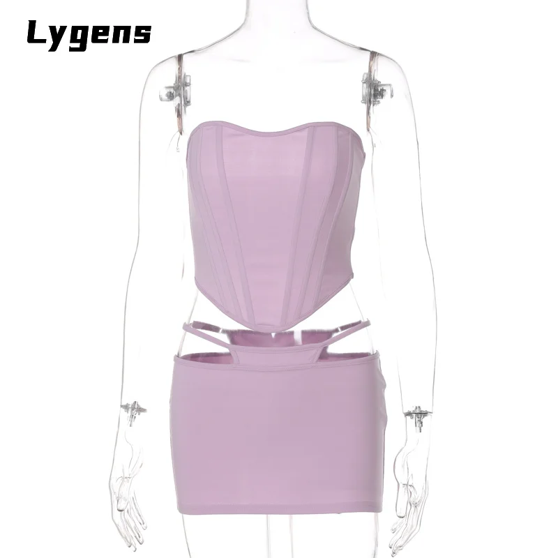 

Lygens 2021 Summer Women Corset Mini Skirt Set Patchwork Tanks Hollow Out Bodycon Sexy Streetwear Party Club 2 Pieces Outfits