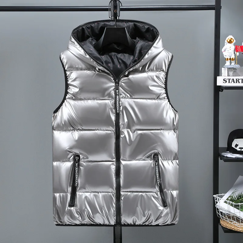 

2021 New Men Winter Vests Hooded Short Bright Color Vest Cotton Padded Sleeveless Coat Waterproof Thick Waistcoat