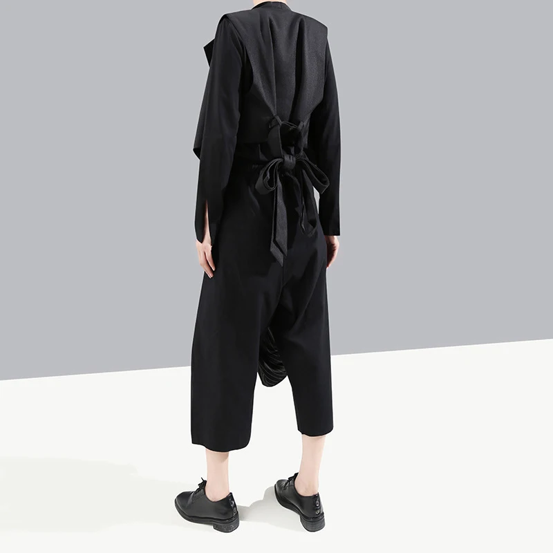 [EAM] High Elastic Waist Striped Black Asymmetric Trousers New Loose Fit Pants Women Fashion Tide Spring Autumn 1A933