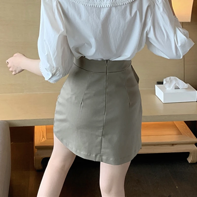 

Women High Waist Pocket Zipper Buttons Skinny Casual Short Skirts Korean Summer Patchwork Pencil Skirt Lady Irregular Streetwear