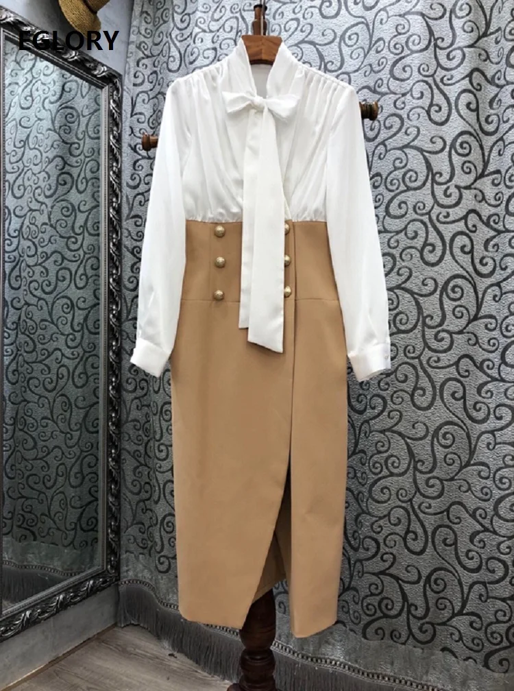 Элегантное женское платье осень-зима 2020 офисное средней длины с бантом и