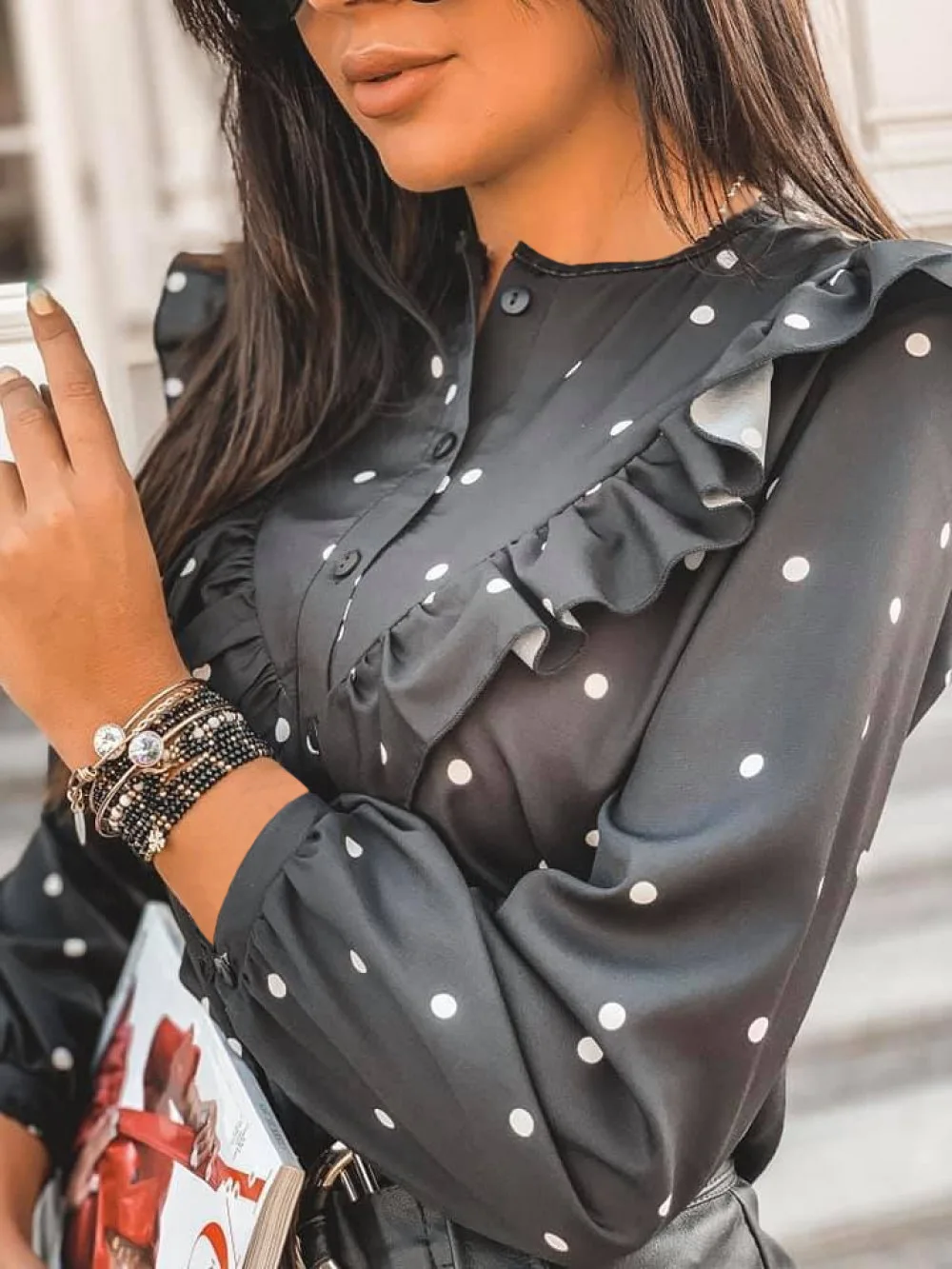 Женский Фонд &quotлист лотоса&quot Длина волны с длинным рукавом точка кнопка мэм