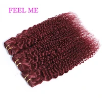 FEELME 99j Brazilian Kinky Curly Human Hair Bundles With Closure Red Burgundy Remy 3pcs Curly Hair Bundles With Lace Closure 4x4