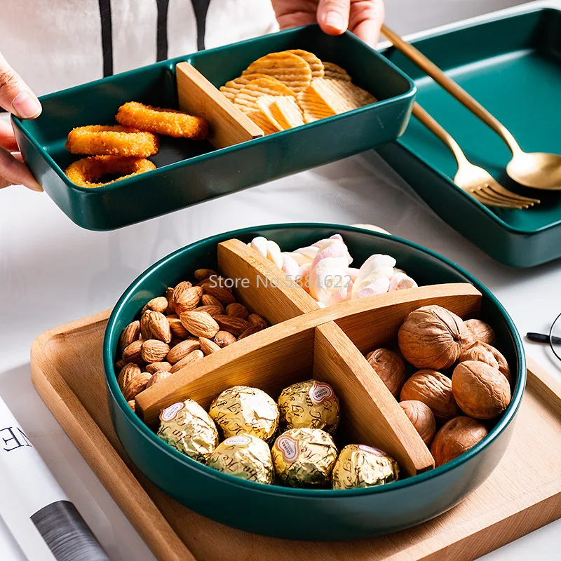 

Japanese Dried Fruit Plate, Snack Plate, Refreshment Plate, Nut Candy Grid Plate, Snack Plate, Household Creative Dark Green
